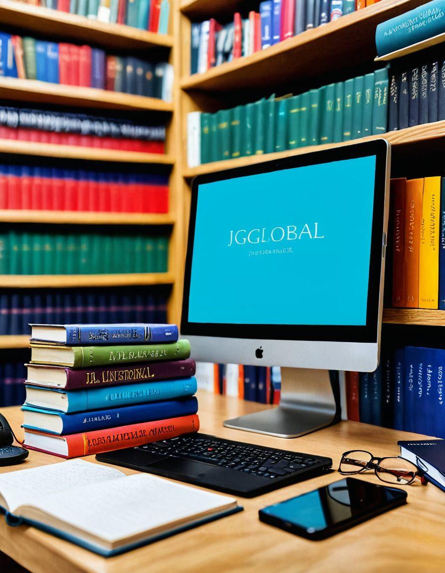 A scholarly environment featuring a stack of academic books transitioning seamlessly into a computer monitor displaying a peer-reviewed journal from IGI Global. Surrounding elements include pens, notebooks, and a bookshelf in the background. Super-realistic, vibrant colors, academic setting.