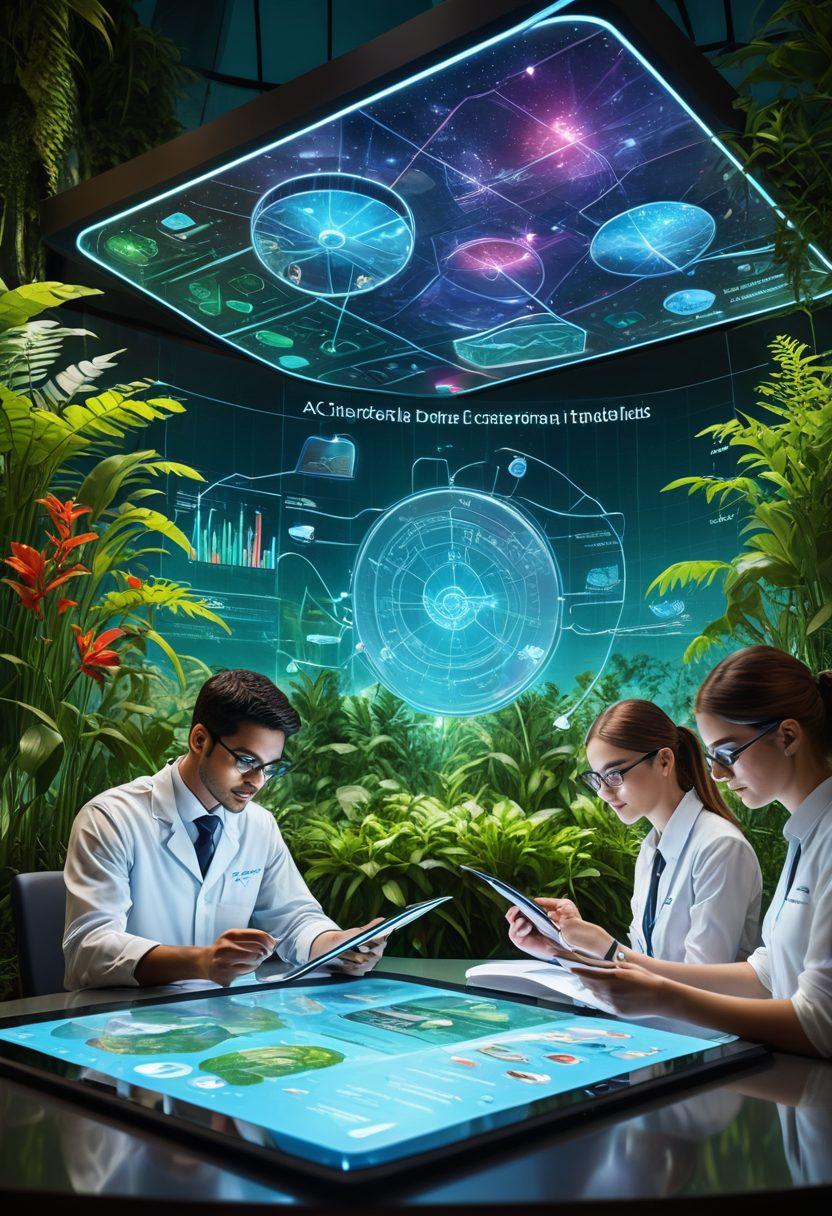 An inspiring academic scene with diverse students and researchers interacting with futuristic holographic e-books and scientific publications. The IGI Global logo subtly integrated into the background, with vibrant charts and graphs illustrating knowledge sharing. Lush greenery on the periphery symbolizing growth and development. Super-realistic. Vibrant colors.