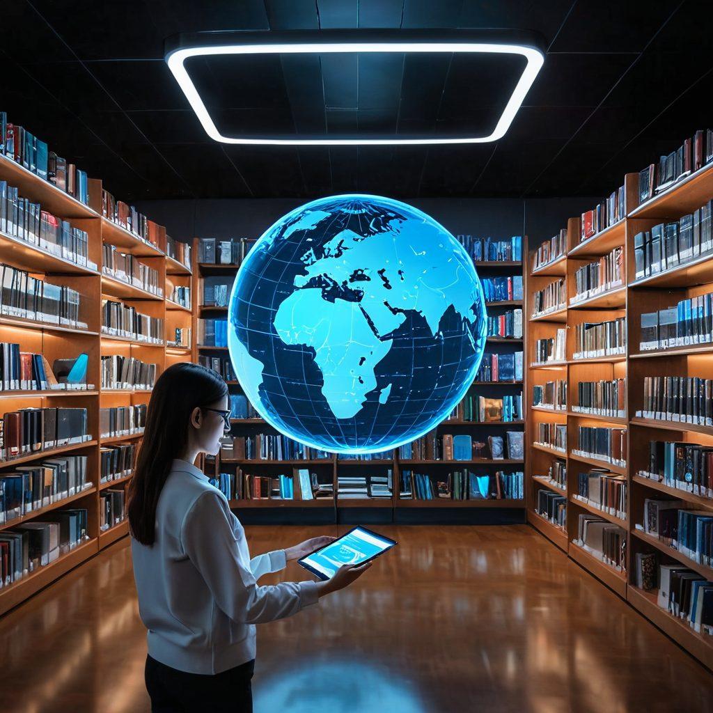 A futuristic library filled with glowing, floating digital books and holographic research papers, surrounded by students and researchers engaging deeply. Central elements include a large digital globe showcasing interconnected academic streams and a person holding a tablet that displays IGI Global's logo. The background features high-tech interface elements and a modern, sleek aesthetic. super-realistic. vibrant colors. highly detailed.